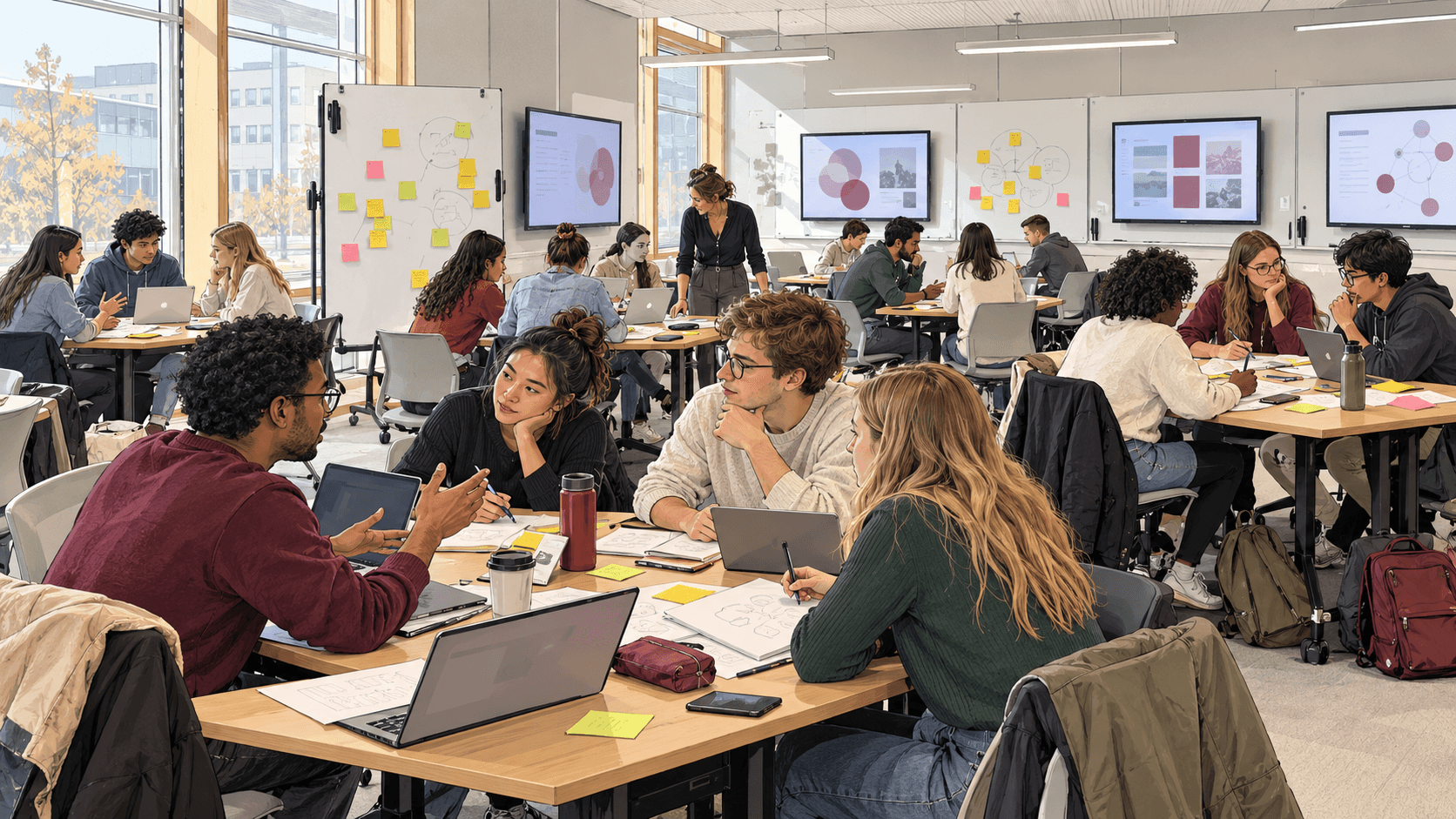 Students collaborating in a modern active-learning classroom while a teacher facilitates discussion between groups
