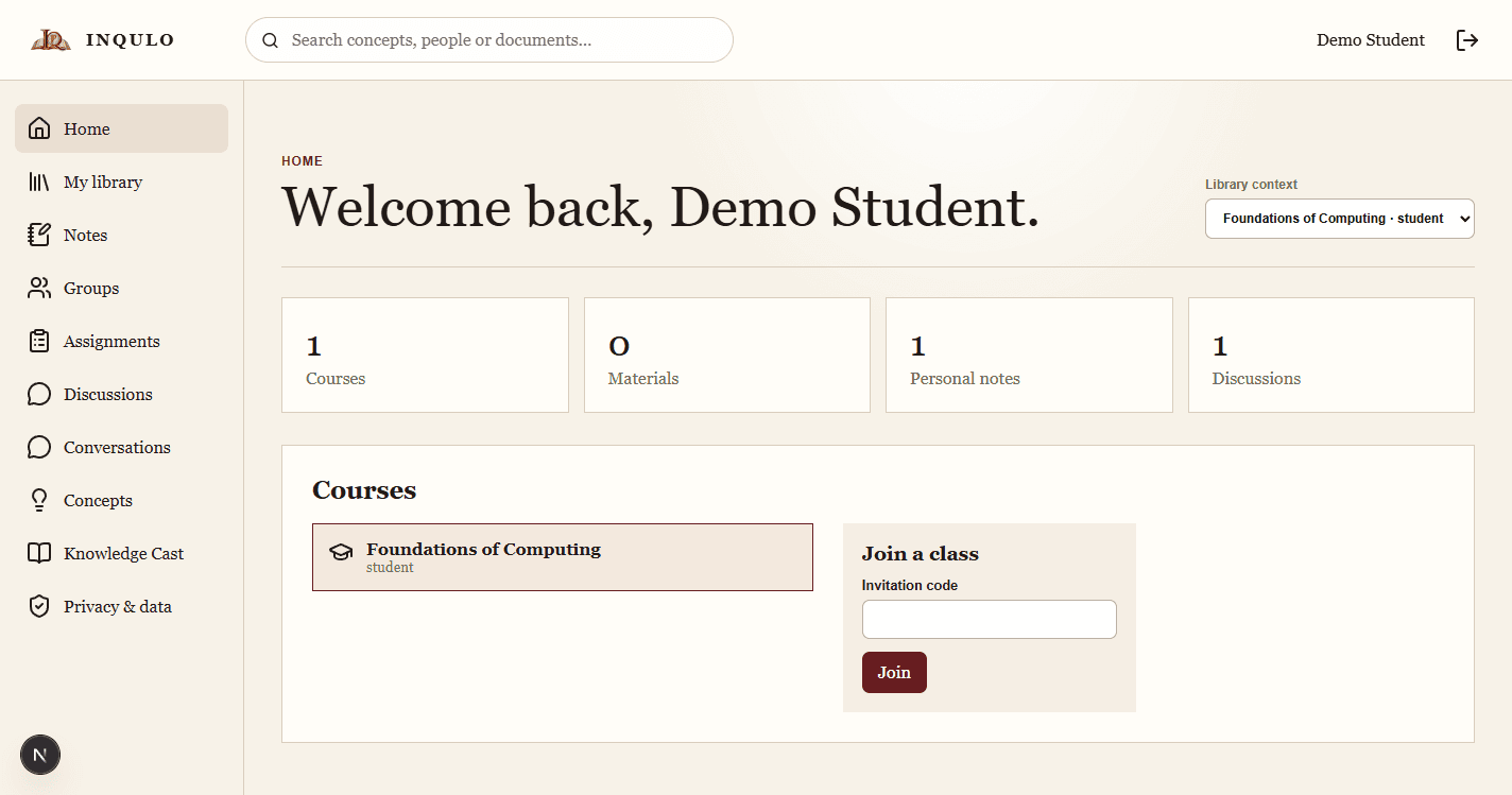 Logged-in INQULO student workspace showing courses, material, notes and discussions