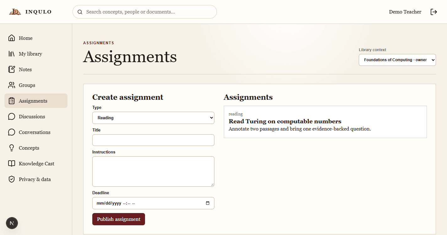 Logged-in INQULO teacher workspace showing course and review controls